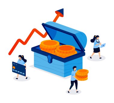 Büyümeyi, zenginliği ve finansal sabrı temsil eden uzun vadeli yatırımlardan elde edilen hazineler. Web sitesi, İniş Sayfası, Mobil Uygulamalar, Startup Flyer, Banner ve Ads Design için yaratıcı illüstrasyon