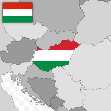 Avrupa Seyahat ve Coğrafya Sembolü içeren Macaristan Ulusal Bayrağı ve Ülke Haritası