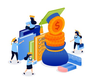 Öğrenci başarısı için para çuvalları ve mezuniyet elbiseleriyle eğitim bursları gösteriliyor. Kitap kapağı, afiş, web sitesi, web, eğitim broşürü ve burs reklamları için kullanılabilir