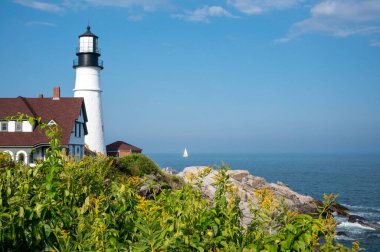 Maine, Maine, Cape Elizabeth 'teki Portland Baş Feneri. Maine 'de en sevilen turistik yer