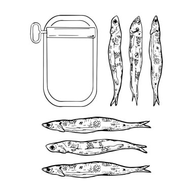Teneke kutudaki sardalyaların elle çizilmiş siyah ve beyaz çizimi. Logolar, markalar, menüler, ambalajlar ve deniz ürünleriyle ilgili tasarımlar için mükemmel. Deniz ürünleri restoranları, gurme pazarları veya okyanus temalı projeler gibi işletmeler için ideal.