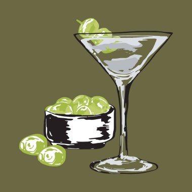 Elle çizilmiş zeytinli bir martini, gösterişsiz, minimalist bir arka plan, kokteyl temalı tasarımlar için mükemmel. Bar menüleri, içki tarifi kartları veya kokteyl kartları için ideal..
