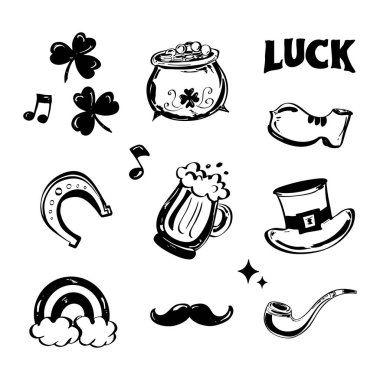 İrlanda temalı simgelerin yer aldığı siyah beyaz bir çizgi seti. Leprikon, yonca ve arp gibi. Tasarımcılar, zanaatkarlar ve festival projeleri yaratan işletmeler için mükemmel..