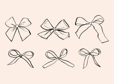 Zarif bir minimalist çizgi sanat yayı illüstrasyonları koleksiyonu, içinde şık bir coquette estetiği var. Bu el yapımı kurdeleler moda, marka, kırtasiye, ambalaj, düğün dekorasyonu için mükemmel.