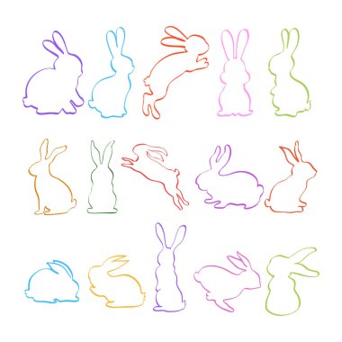 Pastel tavşan siluetlerinin minimalist bir sanat tarzında büyüleyici bir koleksiyonu. Paskalya, bahar süslemeleri ve yaratıcı tasarımlar için mükemmel..