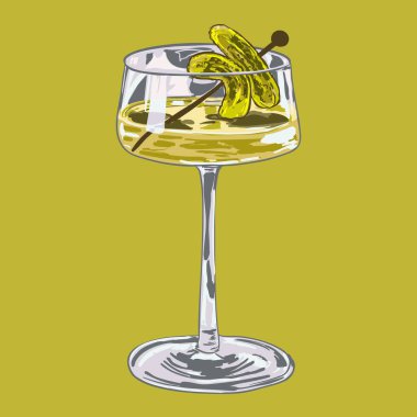 Şişte turşuyla süslenmiş tuzlu bir kokteyl ile dolu bir martini bardağının el yapımı dijital çizimi..