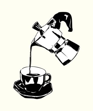 Tek renkli moka demliği fincana kahve dolduruyor. Kafe markası, menü tasarımları, mutfak duvarı sanatı, ambalaj ve minimalist kahve temalı projeler için ideal.