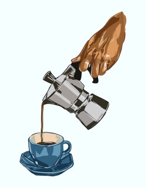 Elle çizilmiş moka demliği bir fincana kahve dolduruyor. Kafe markası, mutfak dekorasyonu, ambalajlama, posterler ya da rahat yaşam tarzı temalı tasarımlar için harika..