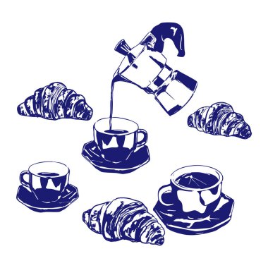 El yapımı moka demliği, kahve fincanı ve klasik tarzda kruvasan. Kafe markası, menüler, mutfak sanatı, ambalaj ve rahat sabah temalı tasarımlar için ideal. Kalın tek renkli çizgi çizimi.