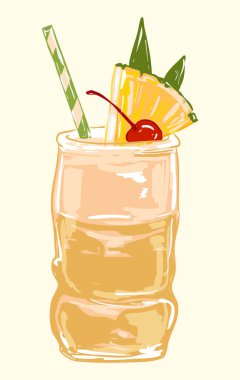 Kirazlı, ananaslı ve samanlı tiki bardağında el yapımı Pia Colada. Bar menüleri, yaz partisi davetiyeleri, tropikal baskılar veya kokteyl blogu içeriği için harika.