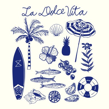 El yapımı tropikal ve kıyı elementleri deniz ürünleri ve plaj ikonları. Yaz için markalaşma, seyahat ürünleri, ambalaj ve dekorasyon için ideal..
