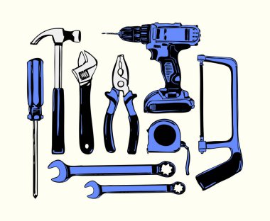 Temel DIY ve tamir araçlarını içeren el çizimi araç kutusu simgelerinin vektör çizimi. Ev dekorasyonu, atölye dekorasyonu ve Babalar Günü grafikleri için mükemmel..