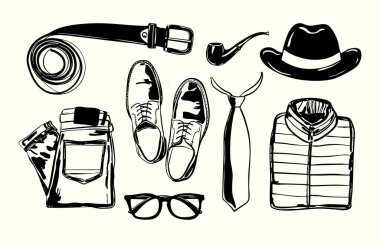 Temiz çizgi sanatında Babalar Günü temalı unsurlar: kravatlar, aletler, şapkalar, gözlükler ve daha fazlası. Kart, poster, marka ve sosyal medya babaları için mükemmel..