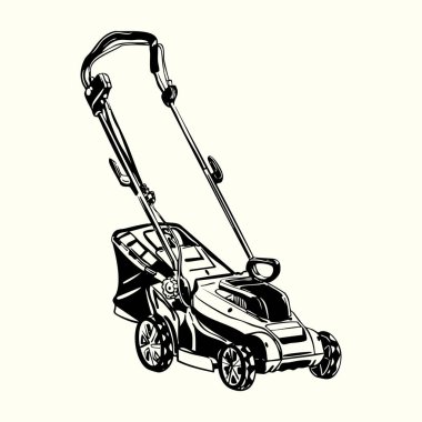Klasik siyah-beyaz çim biçme makinesi çizimi. Peyzaj logoları, bahçe servisi markalaşması, tişört ve baskı tasarımları için ideal..