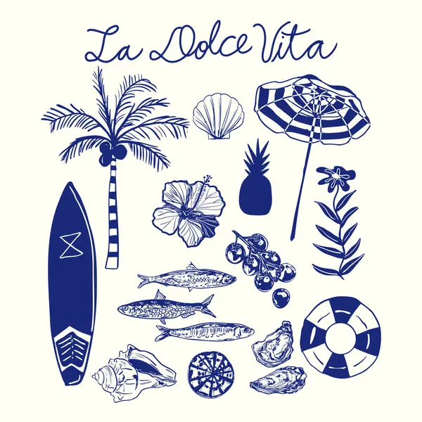 El yapımı tropikal ve kıyı elementleri deniz ürünleri ve plaj ikonları. Yaz için markalaşma, seyahat ürünleri, ambalaj ve dekorasyon için ideal..