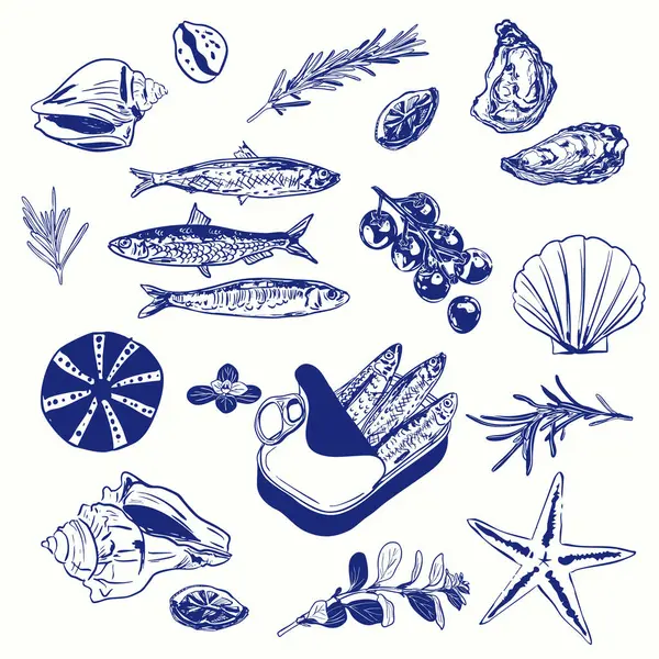 El yapımı deniz ürünleri, şifalı otlar ve klasik tarzda deniz yaşamı. Paketleme, menüler, markalaşma veya kıyı mutfağı dekorasyonu için mükemmel..