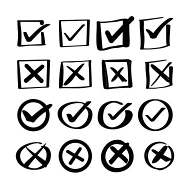 Elle çizilmiş X işaretlerinden oluşan yaratıcı bir set ve yarım yamalak karalama tarzında simgeleri iptal et. UI UX tasarımı, notlar, kontrol listeleri, hata göstergeleri ve dijital planlayıcılar için ideal.