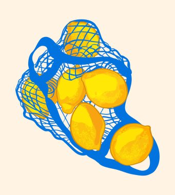 Canlı mavi bir ağ torbasında taze sarı limonların el çizimi dijital çizimi. Modern, cesur tasarım mutfak sanatı, ambalaj, makale ve yaz temalı yaratıcı projeler için mükemmeldir..