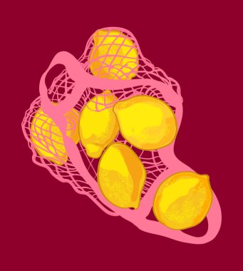Pembe bir ağ torbasında parlak sarı limonların cesur bir örneği. Göz alıcı el yapımı narenciye sanatı ambalaj, mutfak dekorasyonu, editoryal tasarım veya taze gıda kavramları için mükemmeldir..