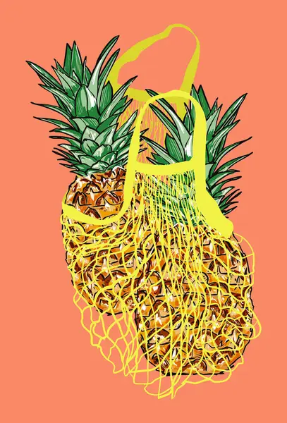 Zarif bir ağ torbasının içinde el yapımı tropik ananas çizimi. Yaz temalı tasarımlar, ambalajlar, mutfak dekorları ve tropikal pazar görselleri için parlak, cesur sanat eserleri..