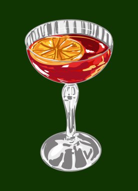 Portakal dilimli coupe bardakta zarif Negroni kokteyli çizimi. Barlar, restoranlar, menüler, bloglar ve içki temalı tasarımlar için mükemmel.