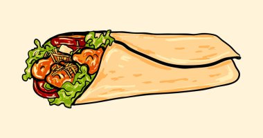 Elle çizilmiş taze marul, ızgara et, domates ve peynirin yer aldığı lezzetli burrito çizimi. Menüler, gıda ambalajı, markalaşma ve mutfak temalı içerik için mükemmel.