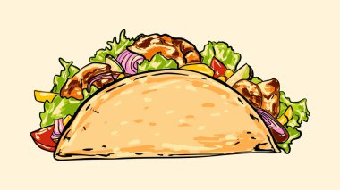 Izgara tavuk, taze sebze ve koyu renklerin yer aldığı el yapımı canlı bir taco çizimi. Menüler, yemek blogları, posterler ve Meksika mutfak temalı tasarımlar için mükemmel..