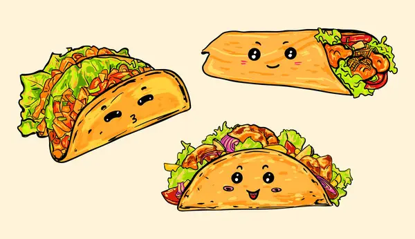 Sevimli el yapımı kawaii taco ve burrito illüstrasyon seti, gülen yüzler ve canlı dolgular. Çocuk tasarımları, menüler, çıkartmalar ve Meksika yemek temalı eğlenceli projeler için mükemmel..