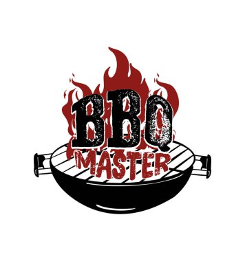 İçinde kalın alevler ve klasik barbekü ızgarası olan ızgara ustası logosu. Barbekü şefleri, tütsü evi markaları, ızgara araçları, yemek servisleri veya et odaklı giyim ve ürünler için ideal.
