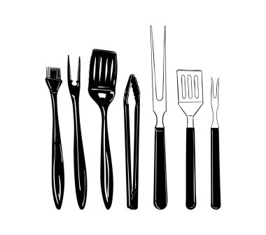 Siluet set barbekü aletleri spatula, çatal, maşa ve tütün fırçası dahil. Izgara rehberleri, mutfak dekorasyonu, barbekü markası, ambalaj ve aşçılıkla ilgili tasarım projeleri için mükemmel..