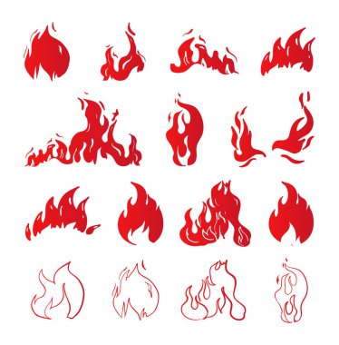 Çeşitli alev stilleri ve yanık şekilleri içeren kırmızı ateş ikonlarının toplanması. Sıcak uyarı etiketleri, barbekü tasarımları, ısı sembolleri, yangın güvenlik işaretleri ve dinamik grafik elementler için ideal.