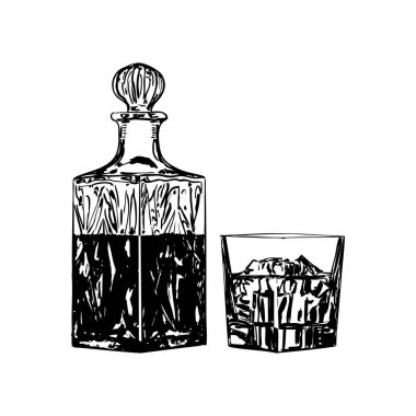 Sürahili ve gözlüklü zarif bir viskinin siyah beyaz tasviri. Lüks bar markalaşma, ambalaj, menüler veya antika ürün tasarımları için ideal.