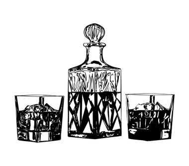 Tek renkli viski sürahisi ve iki viski bardağının el yapımı çizimi. Bar baskısı, menü sanatı, klasik ambalaj ya da klasik kokteyl markası için mükemmel..
