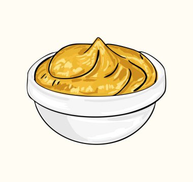 Küçük bir kâse içinde elle çizilmiş hardal, yemek paketleme, tarif tasarımları, baharat ikonları ve mutfak görselleri için mükemmel. Klasik, rustik veya sanatsal ürün temaları için ideal.