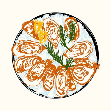 Buzlu taze soğumuş istiridye, limon dilimleri ve bitki süslemeleriyle servis ediliyor. Deniz ürünleri menüleri, gurme görseller, yemek blogları ve güzel yemek fotoğrafları için ideal..