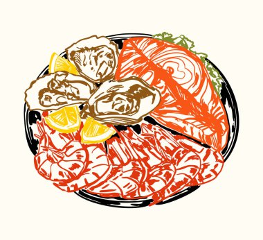 Taze somon dilimleri, istiridye ve limon garnitürlü karides içeren lüks deniz ürünleri tabağı. Güzel yemek menüleri, mutfak görselleri, deniz ürünleri reklamları ve gurme yemek sunumları için mükemmel..