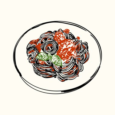 Domates soslu, parmesanlı ve fesleğenli İtalyan spagettisi. Restoran menüleri, makarna ambalajları, yemek blogları ve mutfak temalı çizimler için harika..