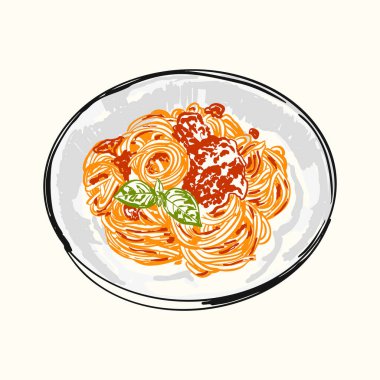 Zengin et soslu, peynirli ve fesleğenli spagetti. Menü tasarımı, gıda ambalajı, mutfak baskısı ve İtalyan mutfağı temalı yaratıcı projeler için mükemmel..