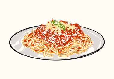 Zengin et sosu, rendelenmiş peynir ve fesleğenle kaplanmış renkli bir spagetti. İtalyan menü tasarımı, yemek tarifi kitapları, mutfak baskıları ve yemek temalı çizimler için mükemmel..