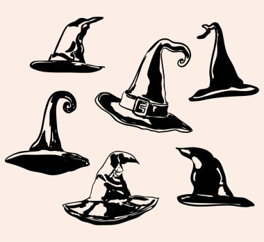 Cadı şapkası siluetleri Cadılar Bayramı el işleri, davetiyeler, çıkartmalar, ambalajlar ve dijital tasarımlar için mükemmel. Sezonluk ve cadı temalı projeler için ürkütücü, büyülü ve eğlenceli unsurlar.