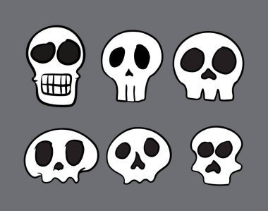 Ürkütücü ve şirin kafatası çizimleri Cadılar Bayramı tasarımları için mükemmel. Davetiyeler, çıkartmalar, ambalajlar, dekorlar ve dijital sanat için harika. Sezonluk projeler için cesur, ürkütücü ve eğlenceli unsurlar.