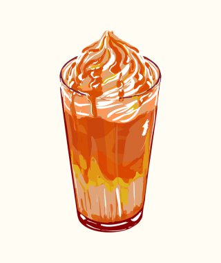 Sonbahar balkabağı aromalı latte illüstrasyonlu krema ve karamel soslu. Konforlu mevsimlik kahve içeceği tasarımı, tatil projeleri, kafeterya menüleri, şenlikli dekorasyonlar ve sonbahar vektör çizimleri için mükemmel..