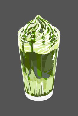 Krem şantili bir bardakta buzlu matcha latte tasviri. Yeşil çay içeceği tasarımı, kafe menüleri, yaz projeleri, şenlikli grafikler ve mevsimlik yaratıcı sanat eserleri için ideal..
