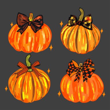 Şık balkabağı illüstrasyonu seti şık fiyonklarla süslenmiş. Sonbahar, Cadılar Bayramı, Şükran Günü ve kadınsı, modaya uygun estetik bir mevsimlik sanat eseri için mükemmel..