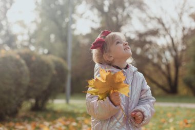 Sonbahar parkında elinde yapraklarla bir kız.