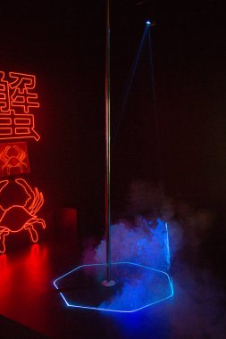 Lazer ışığında duman. Pilon gösterisi. Işıklar açık. Lazer gösterisi. Gece kulübü renkli ışık. 