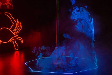 Lazer ışığında duman. Pilon gösterisi. Işıklar açık. Lazer gösterisi. Gece kulübü renkli ışık. 