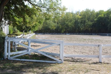 Beautiful photo of empty equestrian field for horse training. Equestrian background