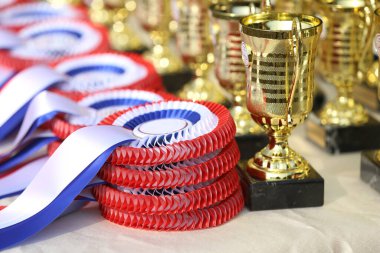 Pile of horse sport trophies rosettes at equestrian event at summertime outdoors