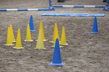 Boş bir binicilik merkezinde kumda engeller ve şamandıralar